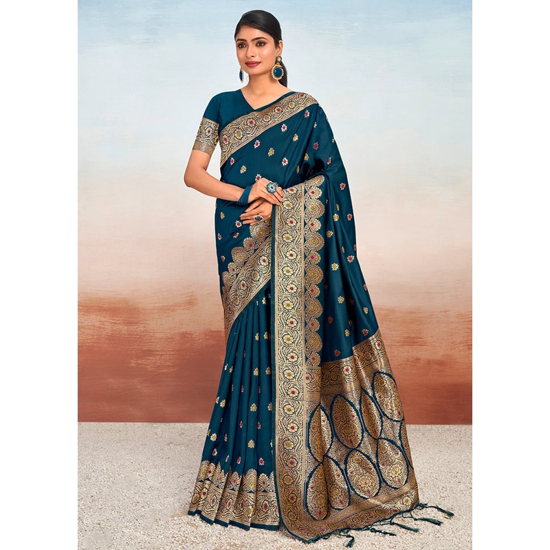 Navy Blue Dupion Silk Saree With Blouse Piece - JD986581485