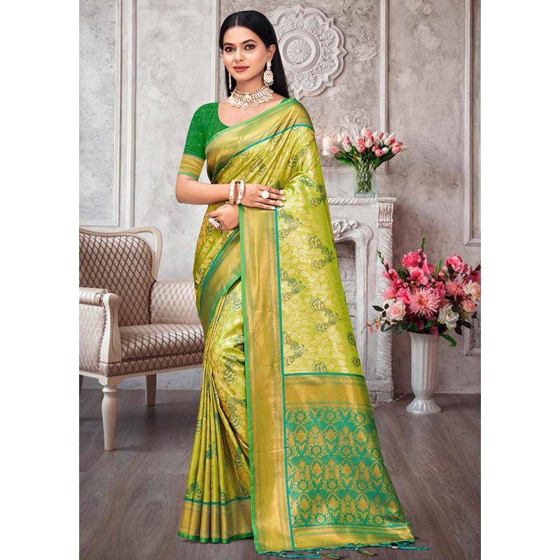 Parrot Green Dupion Silk Saree With Blouse Piece - JD986581419