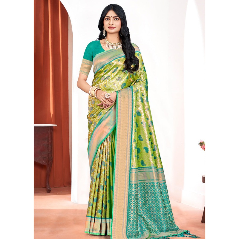 Parrot Green Dupion Silk Saree With Blouse Piece - JD986581420