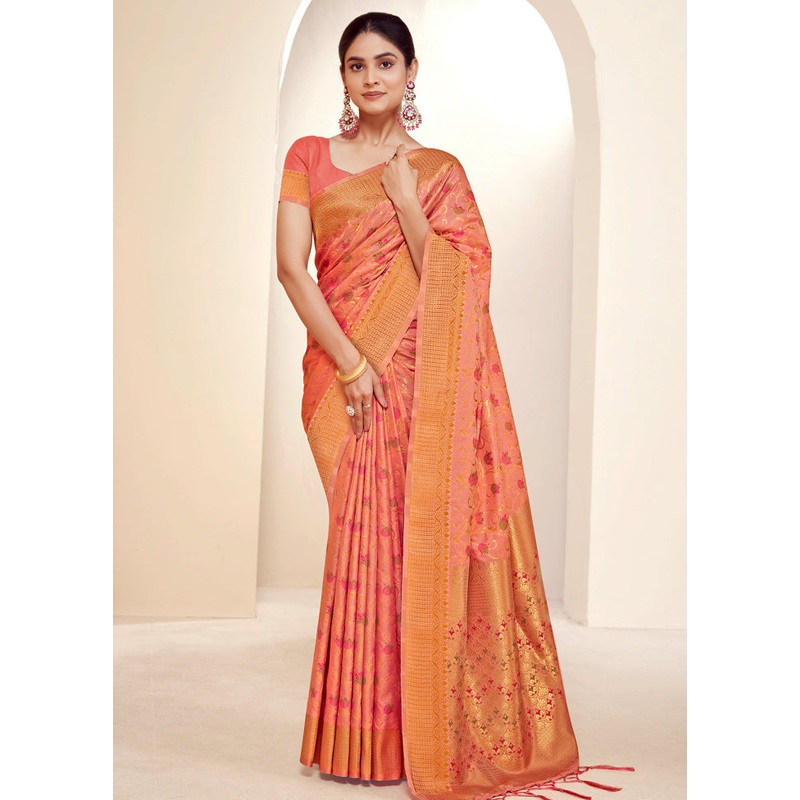 Peach Dupion Silk Saree With Blouse Piece - JD986581490