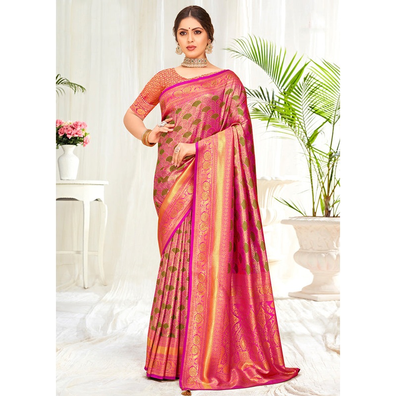 Pink Dupion Silk Saree With Blouse Piece - JD986581429