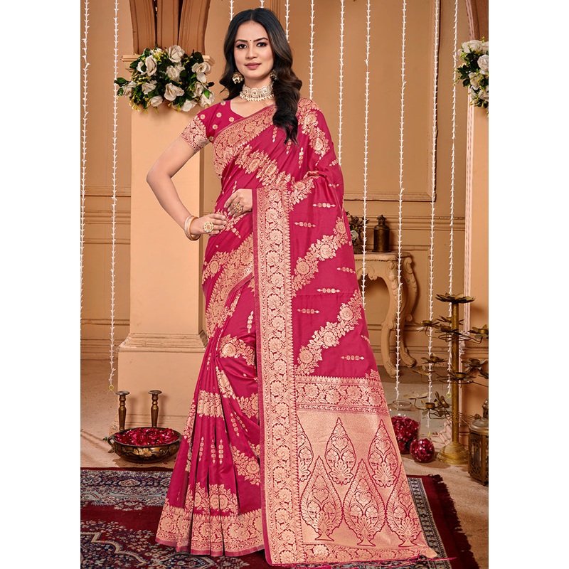 Pink Dupion Silk Saree With Blouse Piece - JD986581495