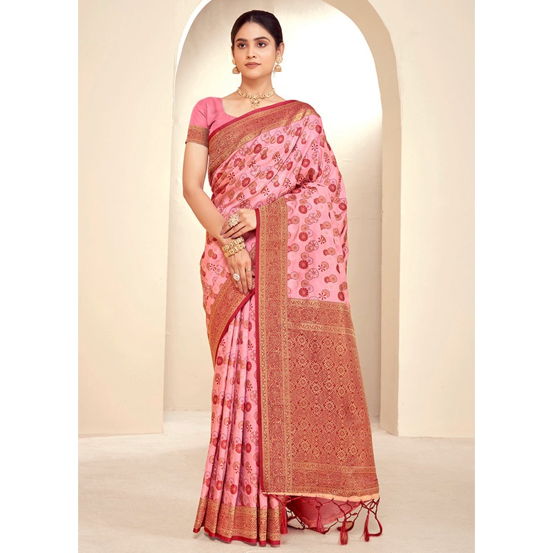 Pink Dupion Silk Saree With Blouse Piece - JD986581497