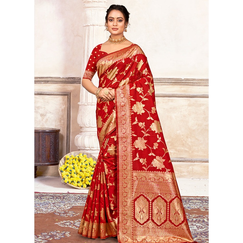 Red Dupion Silk Saree With Blouse Piece - JD986581374