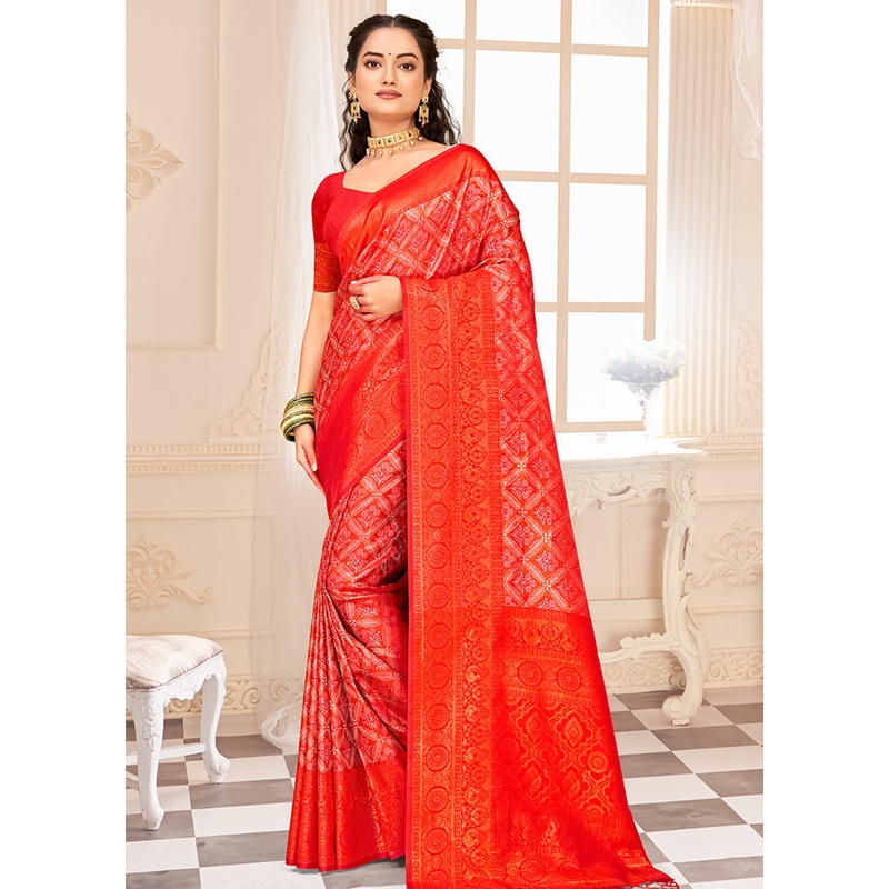 Red Dupion Silk Saree With Blouse Piece - JD986581376
