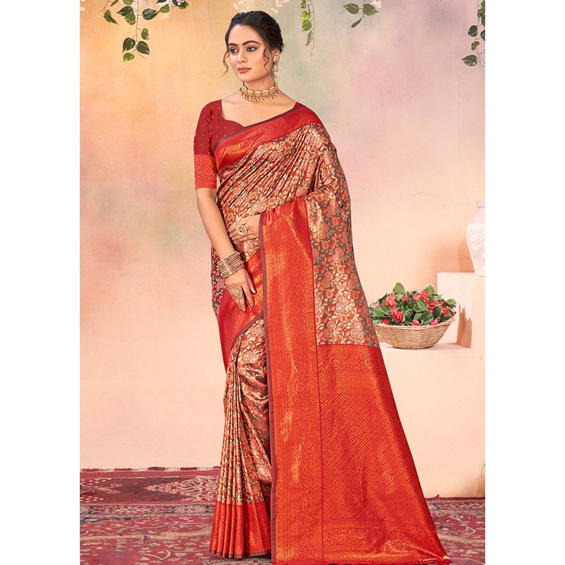 Red Dupion Silk Saree With Blouse Piece - JD986581377