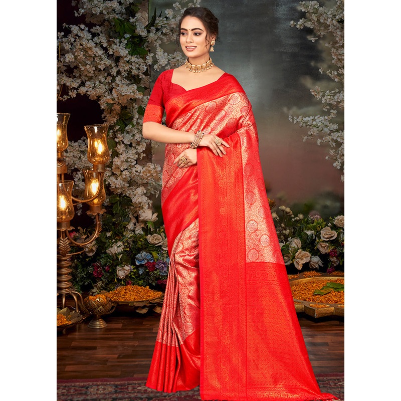 Red Dupion Silk Saree With Blouse Piece - JD986581378