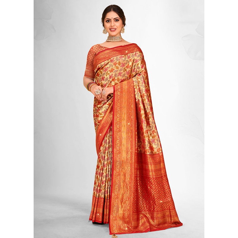 Red Dupion Silk Saree With Blouse Piece - JD986581433