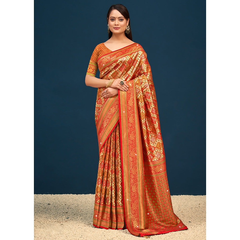 Red Dupion Silk Saree With Blouse Piece - JD986581434