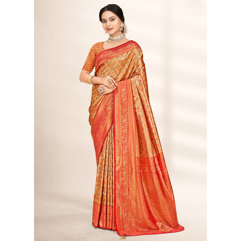 Red Dupion Silk Saree With Blouse Piece - JD986581435