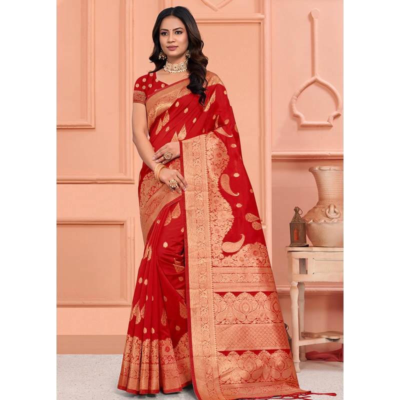 Red Dupion Silk Saree With Blouse Piece - JD986581505