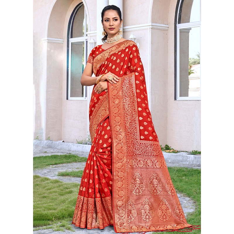 Red Dupion Silk Saree With Blouse Piece - JD986581506