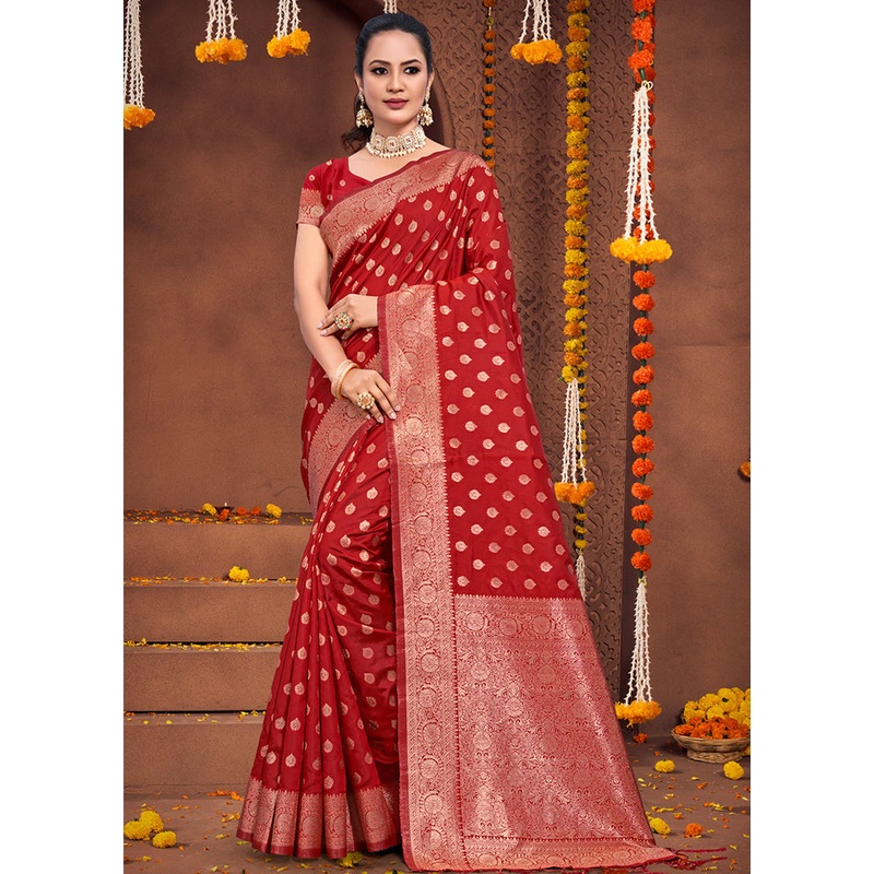 Red Dupion Silk Saree With Blouse Piece - JD986581507