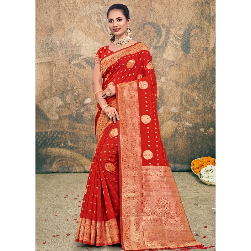 Red Dupion Silk Saree With Blouse Piece - JD986581508
