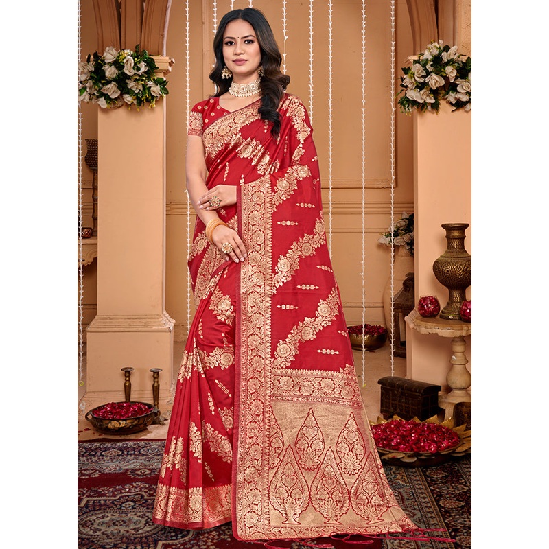 Red Dupion Silk Saree With Blouse Piece - JD986581509