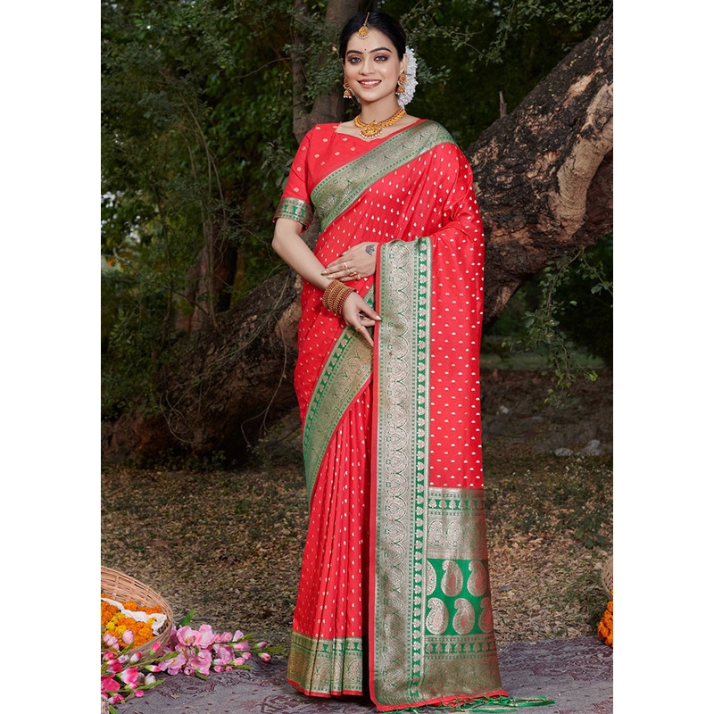 Red Dupion Silk Saree With Blouse Piece - JD986581510