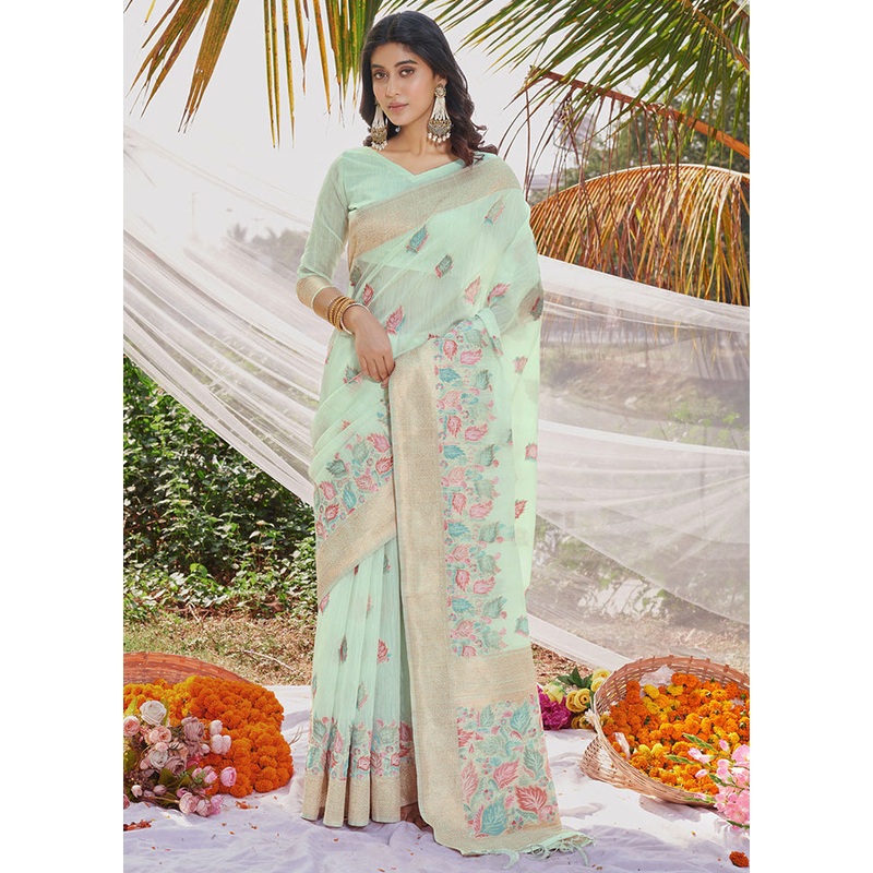 Sea Green Cotton Saree With Blouse Piece - JD986581511