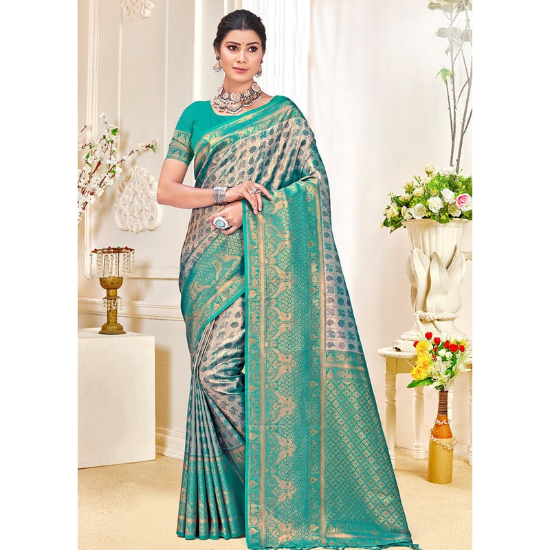 Sea Green Dupion Silk Saree With Blouse Piece - JD986581382