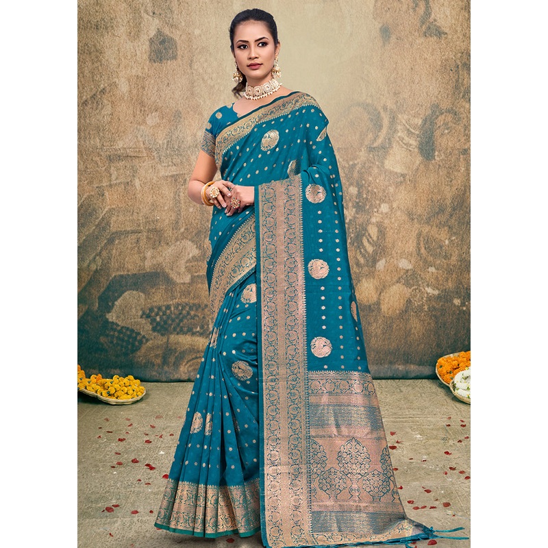 Sea Green Dupion Silk Saree With Blouse Piece - JD986581514
