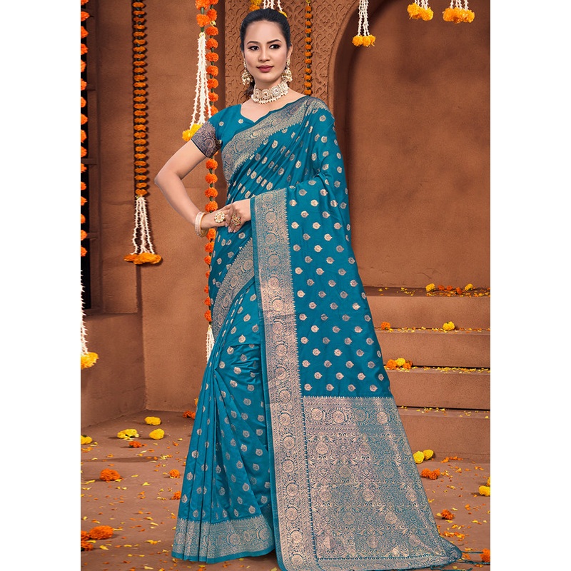 Sea Green Dupion Silk Saree With Blouse Piece - JD986581516