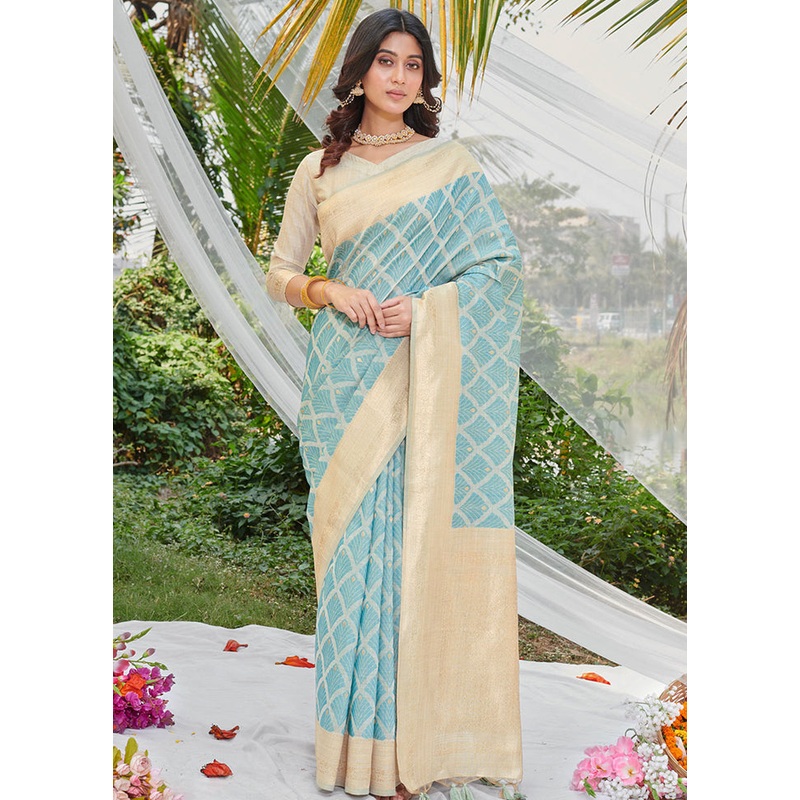 Sky Blue Cotton Saree With Blouse Piece - JD986581517
