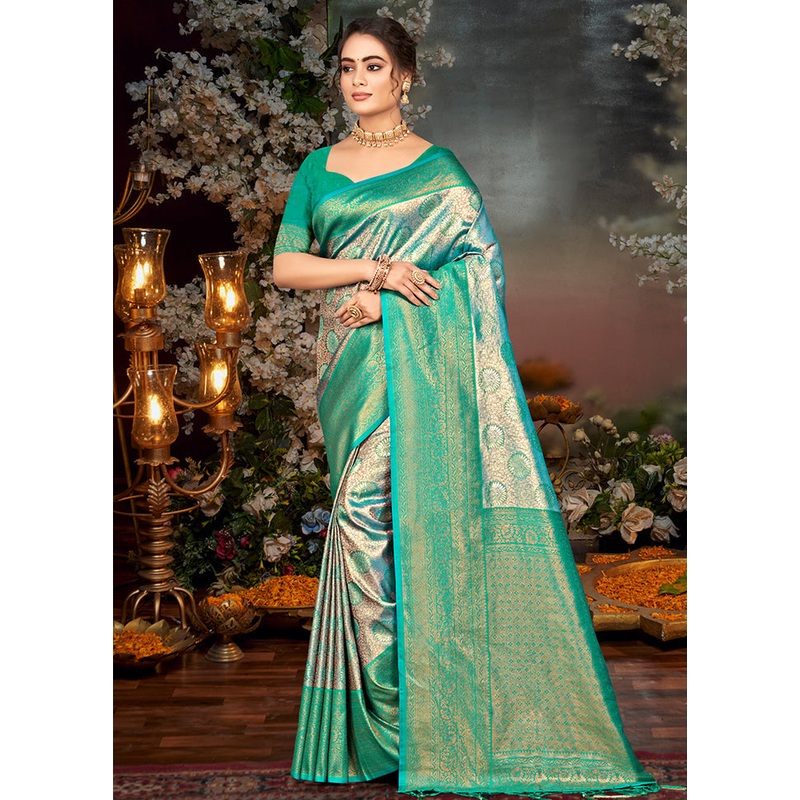 Turquoise Dupion Silk Saree With Blouse Piece - JD986581385