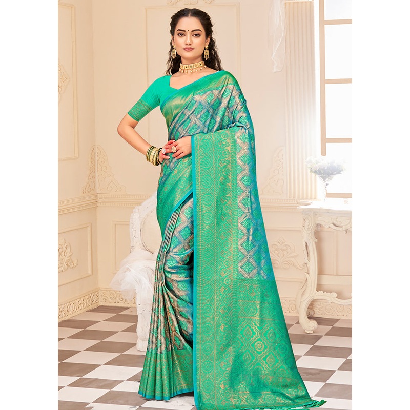 Turquoise Dupion Silk Saree With Blouse Piece - JD986581386