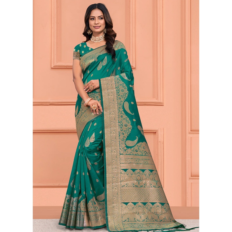 Turquoise Dupion Silk Saree With Blouse Piece - JD986581518