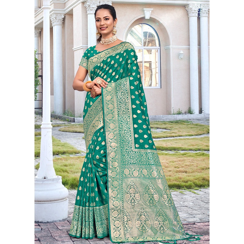 Turquoise Dupion Silk Saree With Blouse Piece - JD986581519