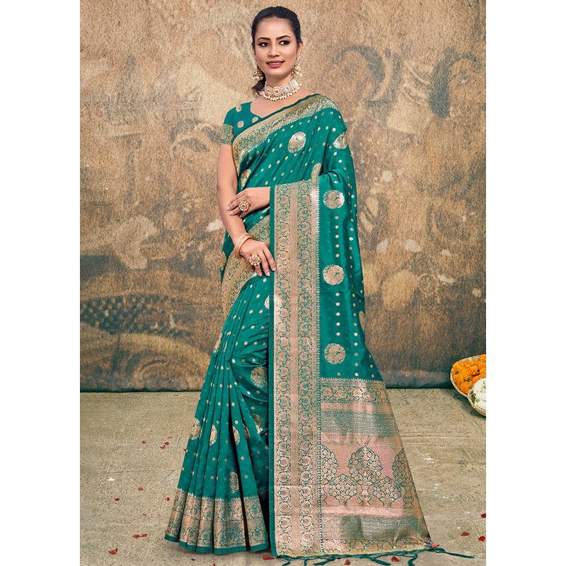 Turquoise Dupion Silk Saree With Blouse Piece - JD986581520