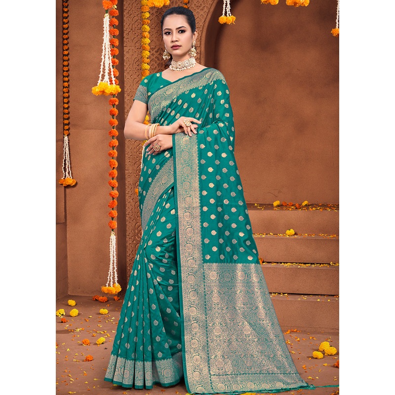 Turquoise Dupion Silk Saree With Blouse Piece - JD986581521