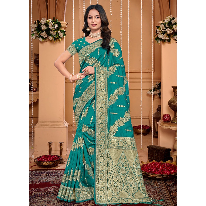 Turquoise Dupion Silk Saree With Blouse Piece - JD986581522