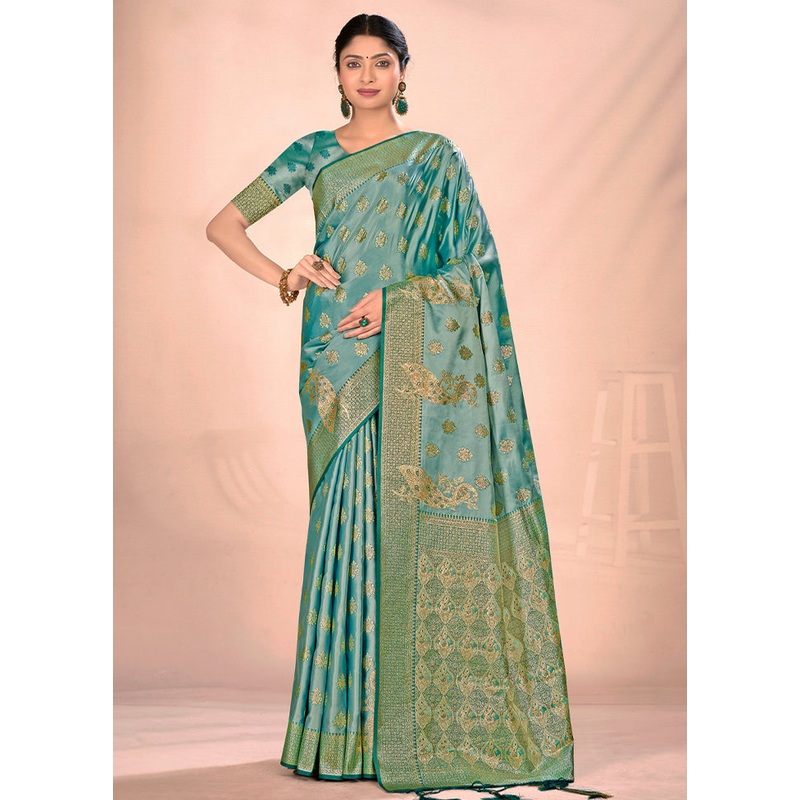 Turquoise Dupion Silk Saree With Blouse Piece - JD986581523