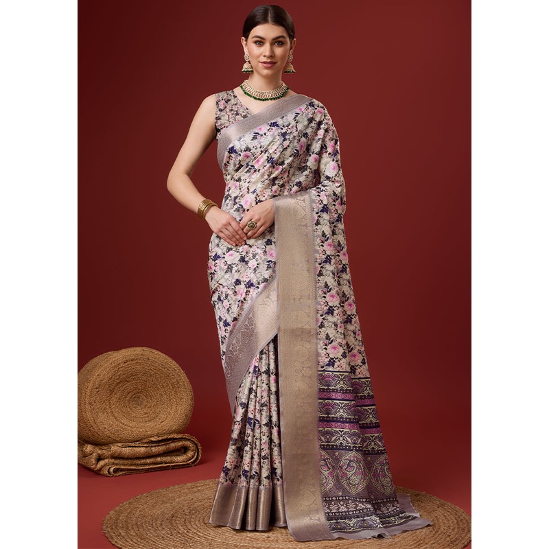 White Cotton Saree With Blouse Piece - JD986581388