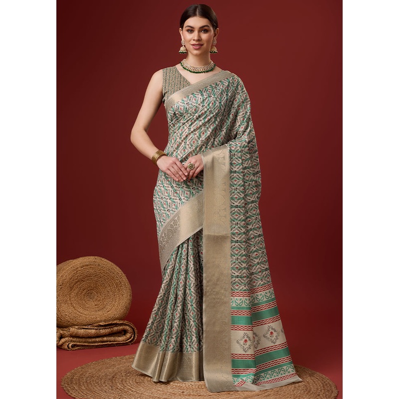 White Cotton Saree With Blouse Piece - JD986581389