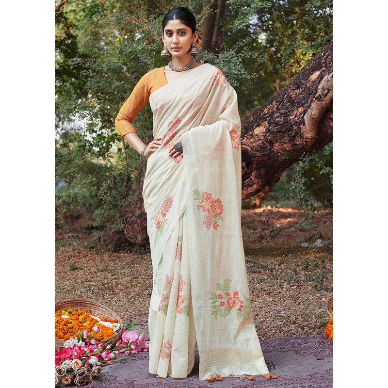 White Cotton Saree With Blouse Piece - JD986581524