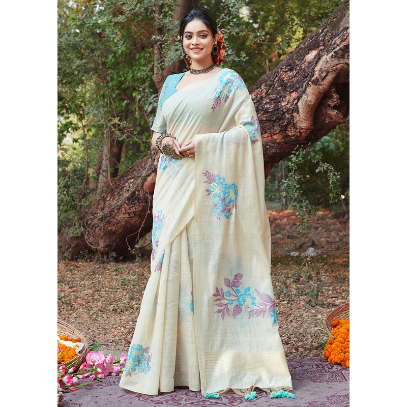 White Cotton Saree With Blouse Piece - JD986581526