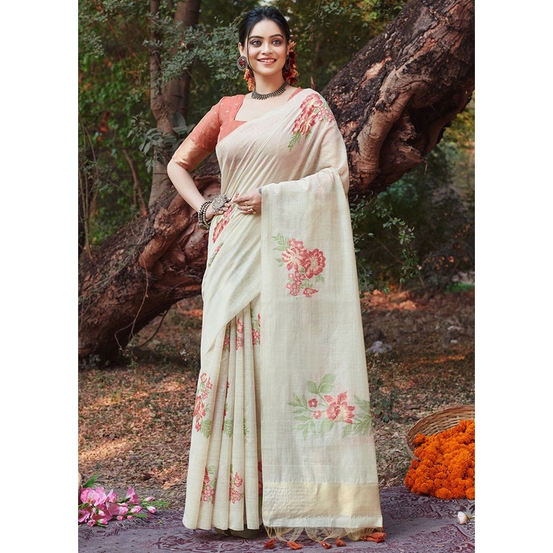 White Cotton Saree With Blouse Piece - JD986581527
