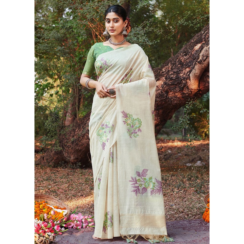 White Cotton Saree With Blouse Piece - JD986581528
