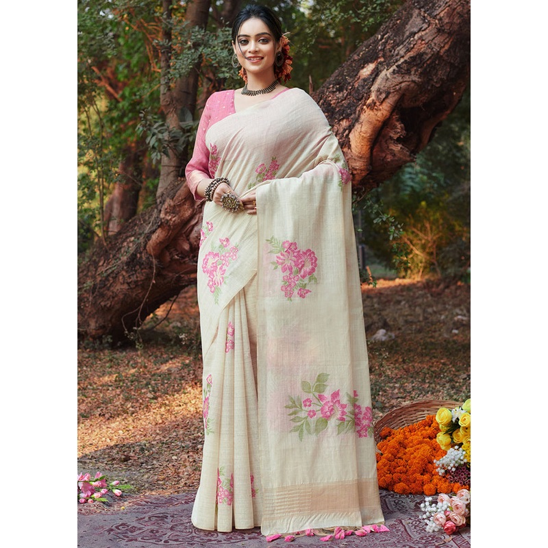 White Cotton Saree With Blouse Piece - JD986581529