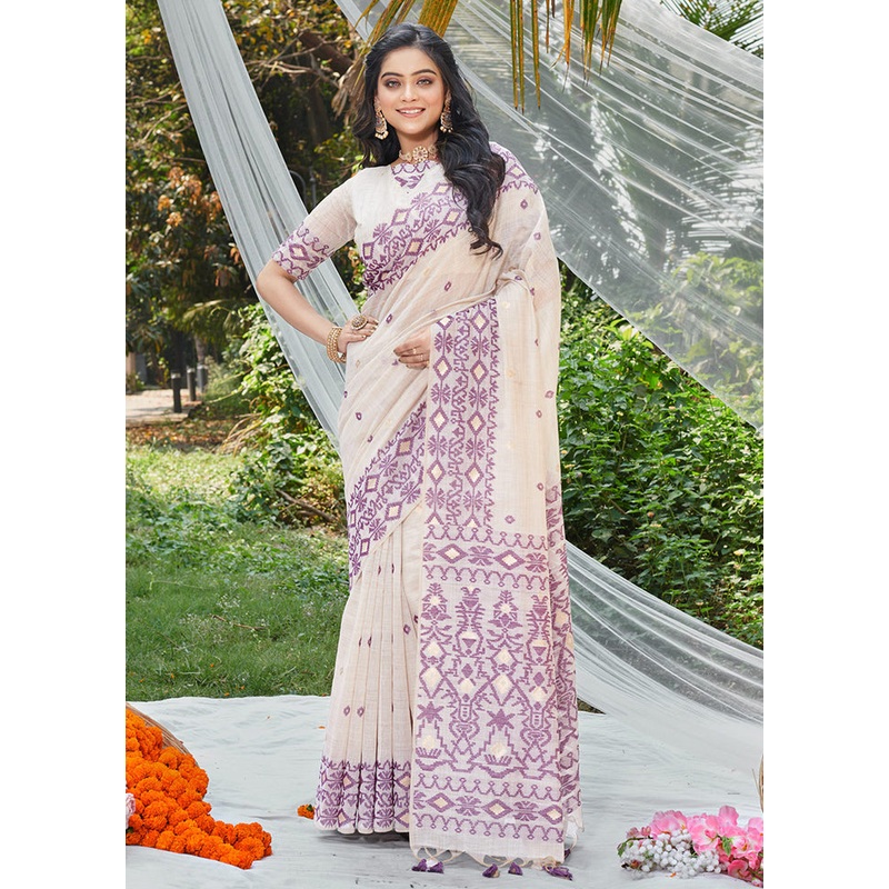 White Cotton Saree With Blouse Piece - JD986581530