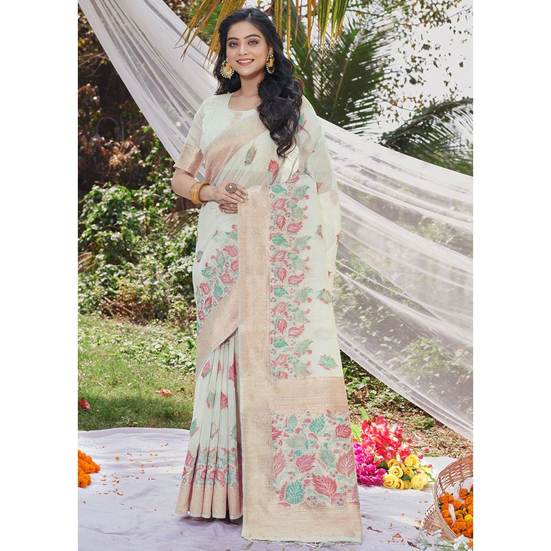 White Cotton Saree With Blouse Piece - JD986581531