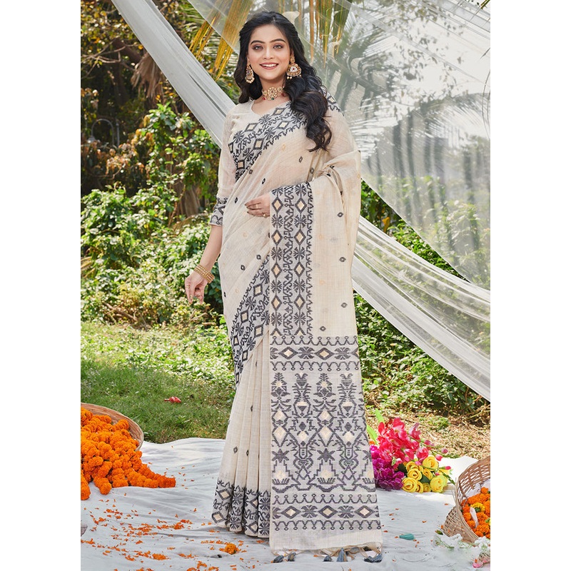 White Cotton Saree With Blouse Piece - JD986581532