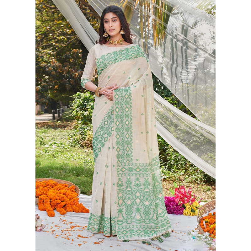 White Cotton Saree With Blouse Piece - JD986581533