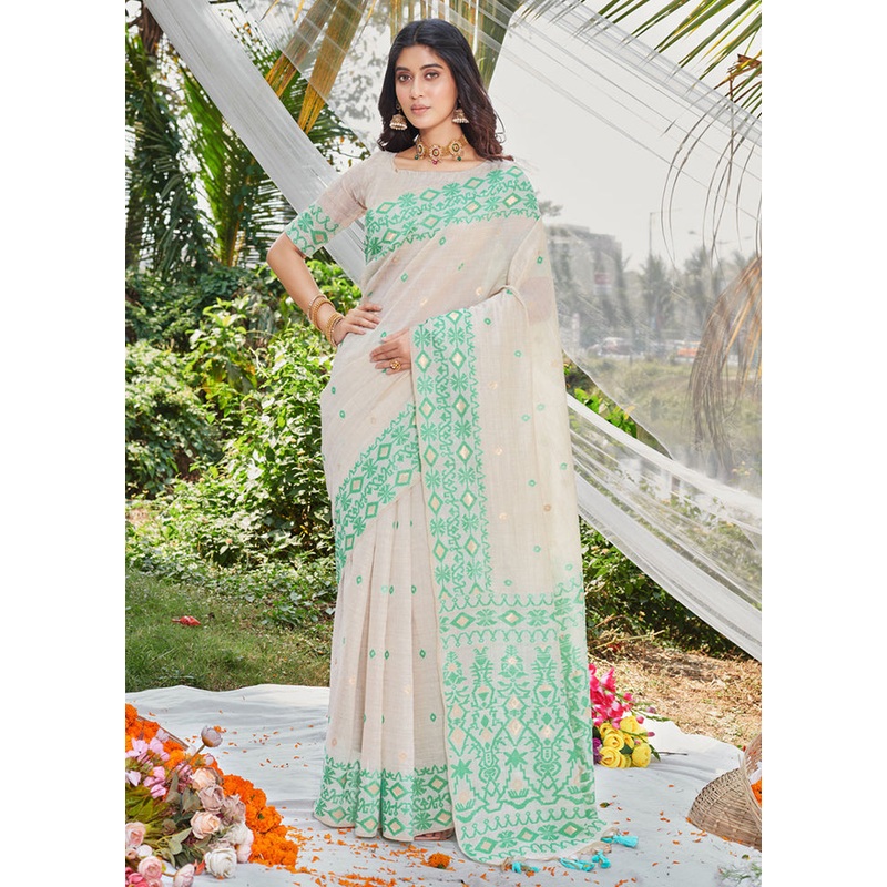 White Cotton Saree With Blouse Piece - JD986581535