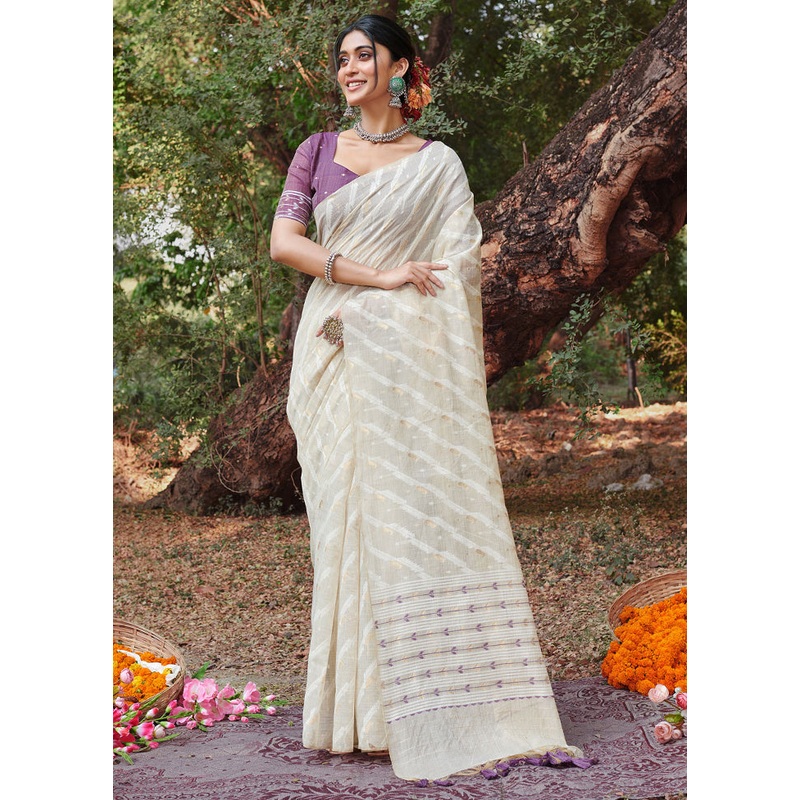 White Cotton Saree With Blouse Piece - JD986581536