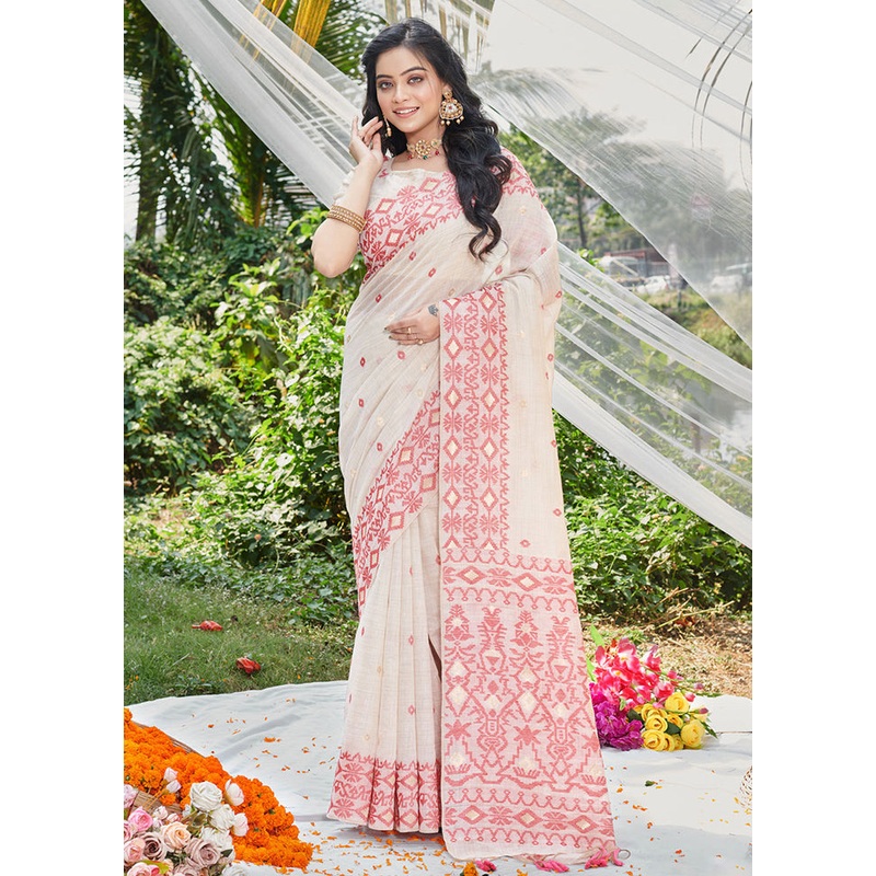 White Cotton Saree With Blouse Piece - JD986581537