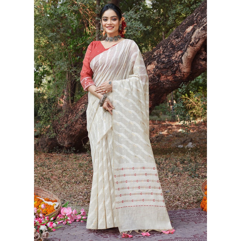 White Cotton Saree With Blouse Piece - JD986581538