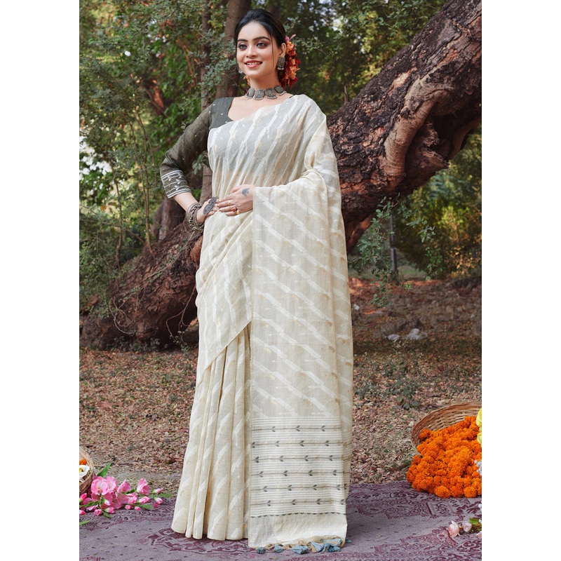 White Cotton Saree With Blouse Piece - JD986581540