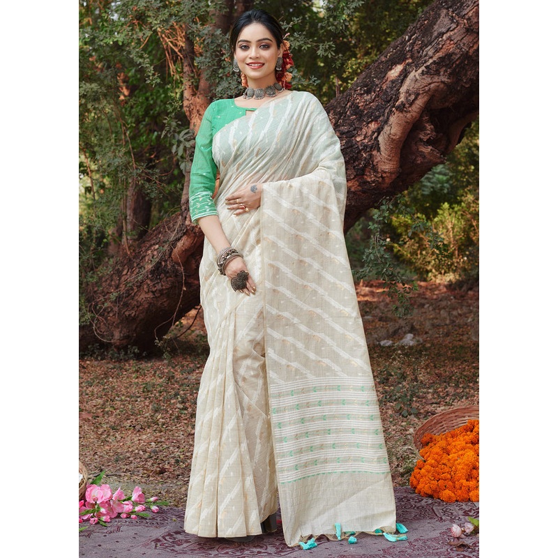 White Cotton Saree With Blouse Piece - JD986581541